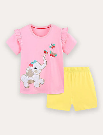 Baby Elephant Embroidery Short Sleeve T-Shirt and Shorts Set